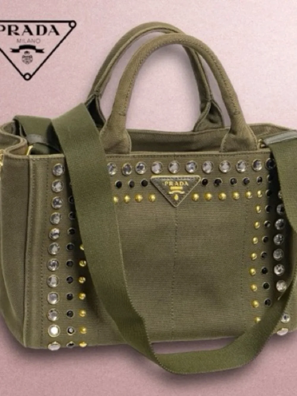 Prada Kanapa Olive Canvas Tote with Crystal and Gold Studs - Picture 1 of 6